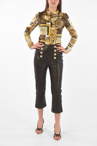 Pantaloni Cropped in Pelle con Bottoni