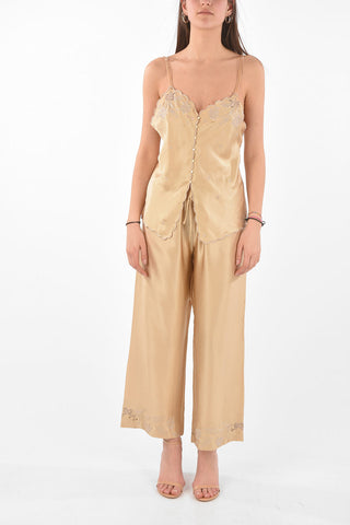 Completo Top e Pantalone in Seta Ricamata con Bottoni