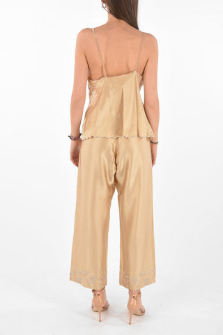 Completo Top e Pantalone in Seta Ricamata con Bottoni
