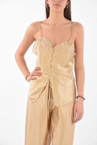 Completo Top e Pantalone in Seta Ricamata con Bottoni