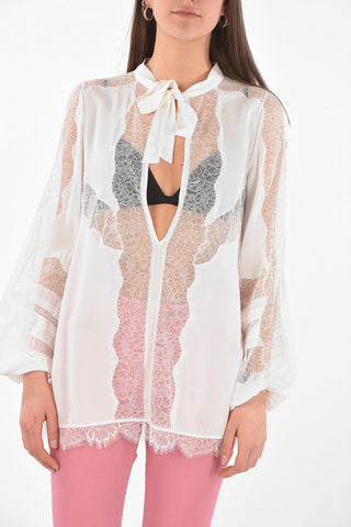 Blusa Tie Neck con Inserti in Pizzo