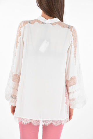Blusa Tie Neck con Inserti in Pizzo