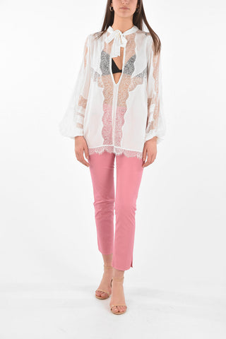 Blusa Tie Neck con Inserti in Pizzo