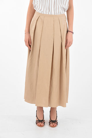 Double-pleated Linen Blend Midi Skirt