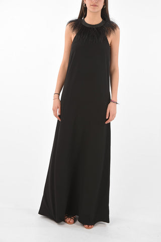 Feathered Neck Long Gown Dress