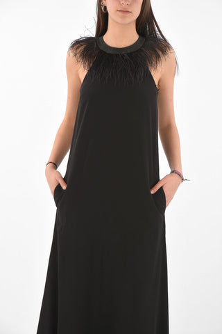 Feathered Neck Long Gown Dress