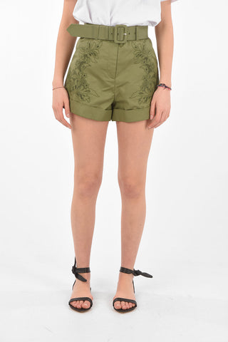 Belted Embroidered Cotton Shorts