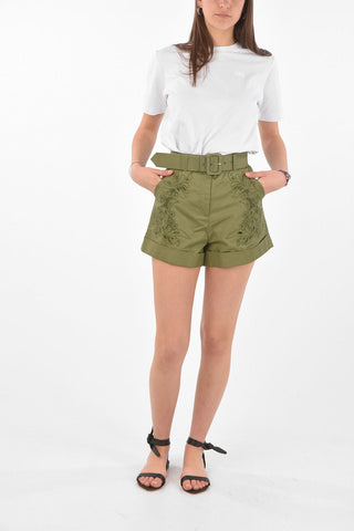 Belted Embroidered Cotton Shorts