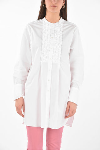 Mandarin Collar Ruffle Front Cotton Shirt Dress