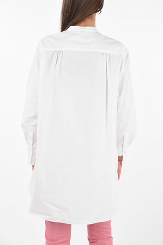 Mandarin Collar Ruffle Front Cotton Shirt Dress