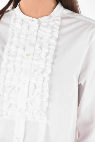 Mandarin Collar Ruffle Front Cotton Shirt Dress