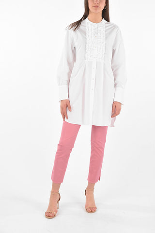 Mandarin Collar Ruffle Front Cotton Shirt Dress