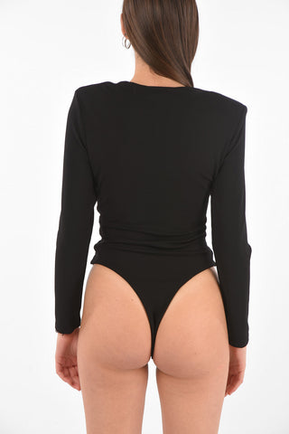 Long-sleeved Front Knotted Bodysuit with Padded Shoulders
