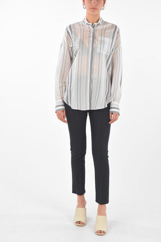Breast-pocket Unbalanced Stripe Silk Shirt