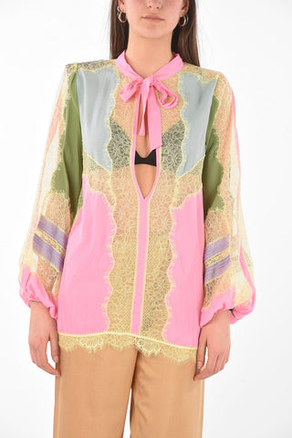Tie Neck Lace Insert Multicolor Blouse