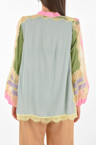 Tie Neck Lace Insert Multicolor Blouse