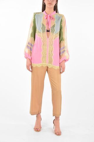 Tie Neck Lace Insert Multicolor Blouse