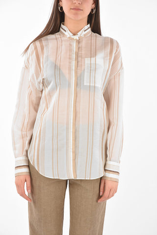 Silk Shirt in Unbalanced Stripe Pattern with Breast Pocket