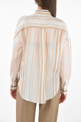Silk Shirt in Unbalanced Stripe Pattern with Breast Pocket