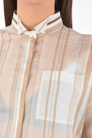 Silk Shirt in Unbalanced Stripe Pattern with Breast Pocket