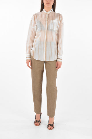 Silk Shirt in Unbalanced Stripe Pattern with Breast Pocket