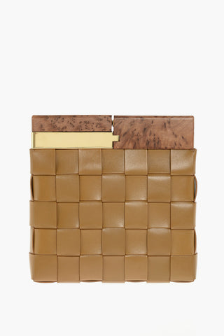 Wood and Metal Handle SNAP Woven Leather Hand Bag