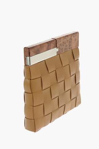 Wood and Metal Handle SNAP Woven Leather Hand Bag