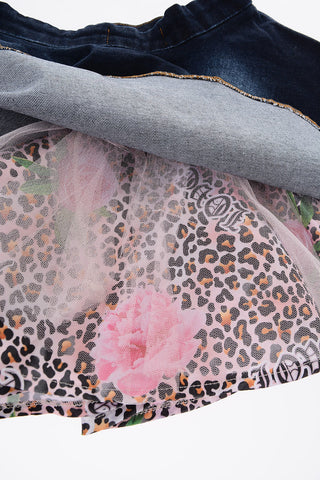denim JESSY flared skirt with animal patterned Petticoat