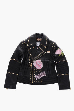 EST.1978 studded leather GUSSIE biker jacket with animal patterned inner
