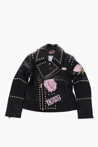 EST.1978 Giubbotto biker GUSSIE in pelle borchiato con interno motivo animalier