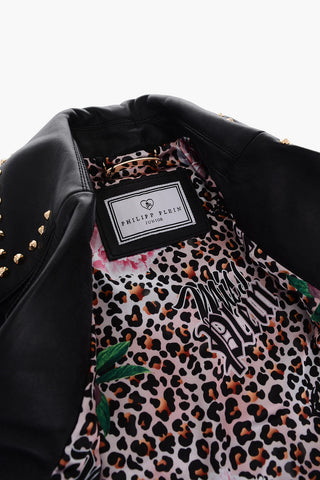 EST.1978 studded leather GUSSIE biker jacket with animal patterned inner