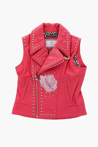 EST.1978 leather LOVE ROSES sleeveless jacket with studs and rhinestones