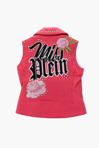 EST.1978 leather LOVE ROSES sleeveless jacket with studs and rhinestones