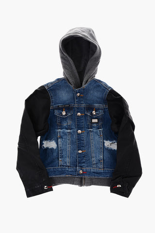 hooded denim jacket with faux leather sleeve