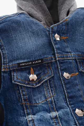 hooded denim jacket with faux leather sleeve