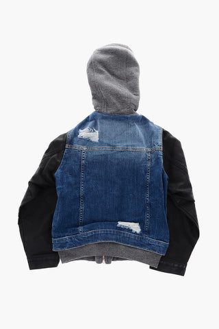 hooded denim jacket with faux leather sleeve