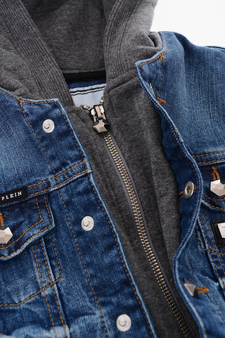 hooded denim jacket with faux leather sleeve