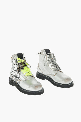 laminated leather ELE combat boots with print