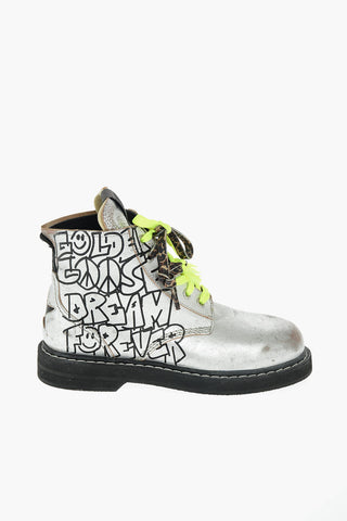 laminated leather ELE combat boots with print