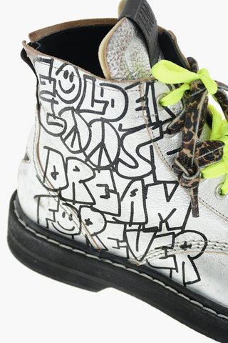 laminated leather ELE combat boots with print