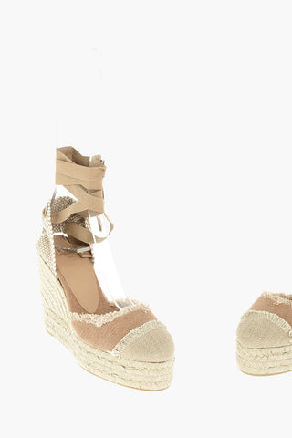 Espadrillas con zeppa CATALINA lace up in cotone con suola in rafia 10,5cm
