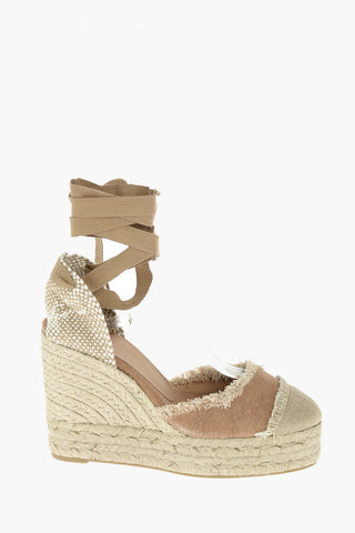 Espadrillas con zeppa CATALINA lace up in cotone con suola in rafia 10,5cm