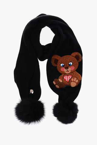 teddy bear embroidered scarf with pom pom