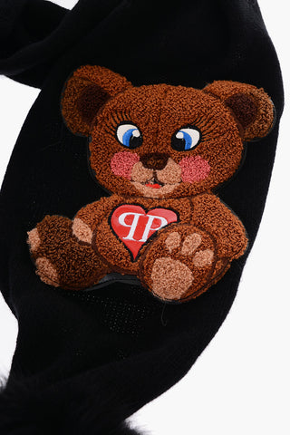 teddy bear embroidered scarf with pom pom