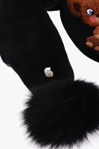teddy bear embroidered scarf with pom pom