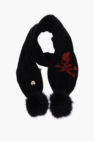 wool blend scarf with real fur pom pom