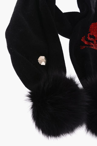wool blend scarf with real fur pom pom