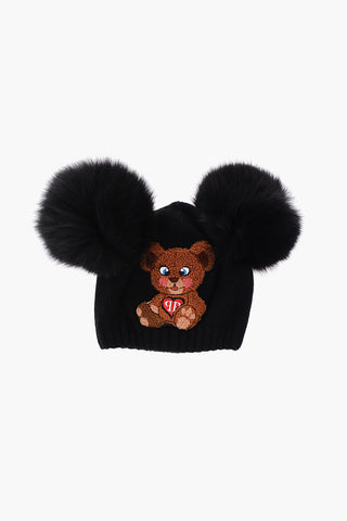teddy bear embroidered GIRL ONE hat with real fur details