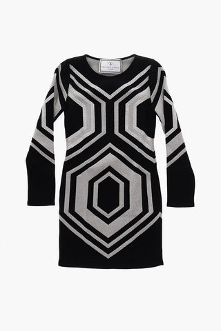 geometric patterned lurex dress with with Jewels profiles