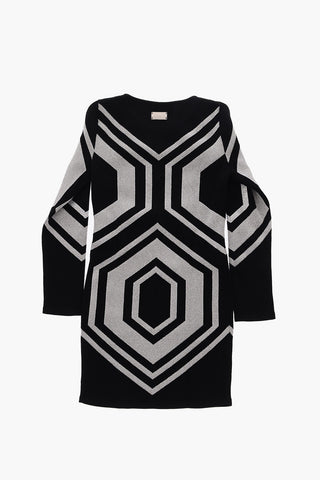 geometric patterned lurex dress with with Jewels profiles